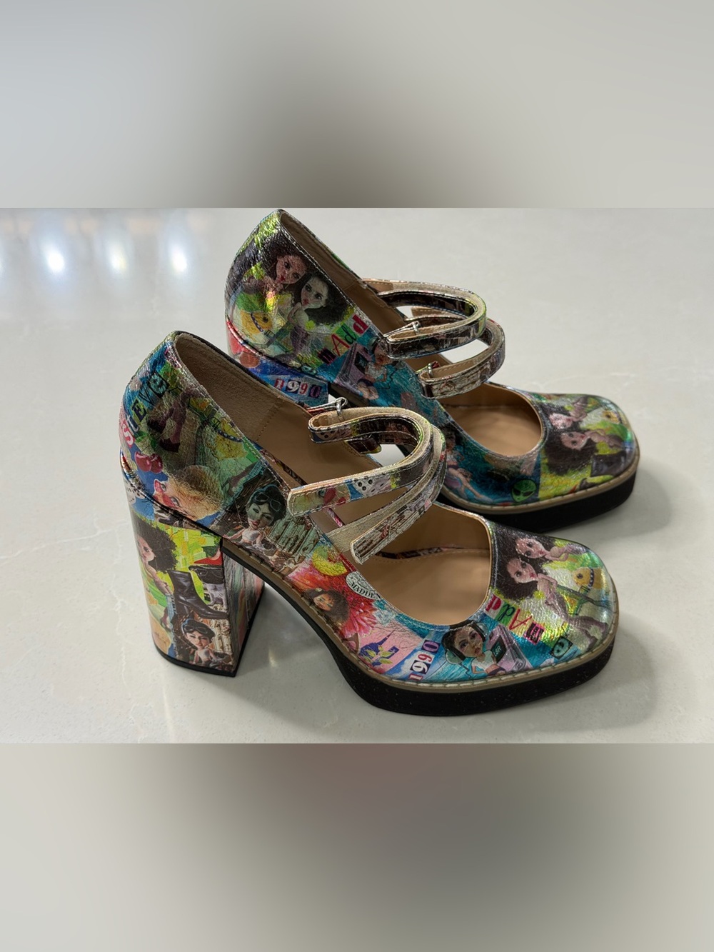 NIB Steve Madden Twice Comic Print Mary Jane Platform Pump Chunky High Heels 8.5